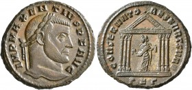 Maxentius, 307-312. Follis (Silvered bronze, 25 mm, 8.46 g, 1 h), Carthage, late summer 307. IMP MAXENTIVS P F AVG Laureate head of Maxentius to right...