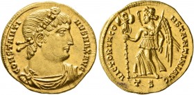 Constantine I, 307/310-337. Solidus (Gold, 21 mm, 4.55 g, 7 h), Thessalonica, 332. CONSTANT-NVS MAX AVG Rosette-diademed, draped and cuirassed bust of...