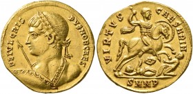 Crispus, Caesar, 316-326. Solidus (Gold, 19 mm, 4.36 g, 6 h), Nicomedia, 324-325. FL IVL CRIS PVS NOB CAES Laureate bust of Crispus to left, heroicall...