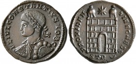 Constantius II, as Caesar, 324-337. Follis (Bronze, 19 mm, 3.60 g, 7 h), Treveri, 326. FL IVL CONSTANTIVS IVN NOB C Laureate, draped and cuirassed bus...