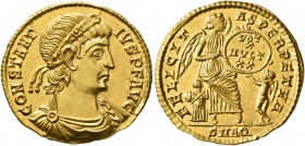 Constantius II, 337-361. Solidus (Gold, 22 mm, 4.43 g, 1 h), Aquileia, 337-340. CONSTANT-IVS P F AVG Rosette-diademed, draped and cuirassed bust of Co...