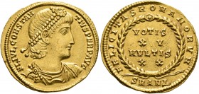 Constantius II, 337-361. Solidus (Gold, 22 mm, 4.55 g, 6 h), Antiochia, 338. FL IVL CONSTAN-TIVS PERP AVG Pearl-diademed, draped and cuirassed bust of...