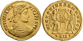 Constantius II, 337-361. Solidus (Gold, 22 mm, 4.48 g, 6 h), Siscia, 342/3 or 347/8. FL IVL CONSTAN-TIVS P F AVG Laurel-and-rosette-diademed, draped a...