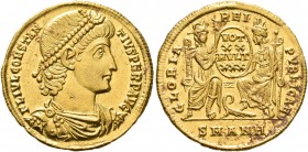 Constantius II, 337-361. Solidus (Gold, 21 mm, 4.54 g, 6 h), Antiochia, 342/3 or 347/8. FL IVL CONSTAN-TIVS PERP AVG Pearl-diademed, draped and cuiras...