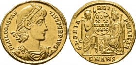 Constantius II, 337-361. Solidus (Gold, 21 mm, 4.44 g, 6 h), Antiochia, 342/3 or 347/8. FL IVL CONSTAN-TIVS PERP AVG Pearl-diademed, draped and cuiras...