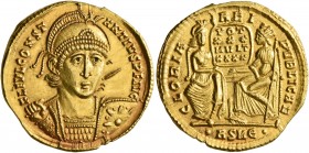 Constantius II, 337-361. Solidus (Gold, 21 mm, 4.55 g, 12 h), Rome, 355-360. FL IVL CONST-ANTVS P F AVG Pearl-diademed, helmeted and cuirassed bust of...