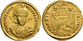 Constantius II, 337-361. Solidus (Gold, 21 mm, 4.42 g, 7 h), Sirmium, 355-360. FL IVL CONSTAN-TIVS PERP AVG Pearl-diademed, helmeted and cuirassed bus...