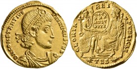 Constantius II, 337-361. Solidus (Gold, 21 mm, 4.43 g, 12 h), Thessalonica, 355-360. D N CONSTANTIVS MAX AVGVSTVS Pearl-diademed, draped and cuirassed...