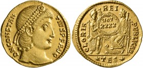 Constantius II, 337-361. Solidus (Gold, 22 mm, 4.55 g, 12 h), Thessalonica, 355-360. D N CONSTAN-TIVS P F AVG Pearl-diademed head of Constantius II to...