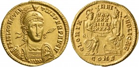 Constantius II, 337-361. Solidus (Gold, 22 mm, 4.37 g, 7 h), Constantinopolis, 355-360. FL IVL CONSTAN-TIVS PERP AVG Pearl-diademed, helmeted and cuir...
