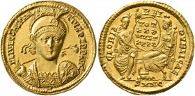 Constantius II, 337-361. Solidus (Gold, 22 mm, 4.34 g, 7 h), Nicomedia, 355-360. FL IVL CONSTAN-TIVS PERP AVG Pearl-diademed, helmeted and cuirassed b...