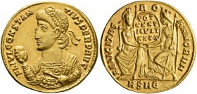Constantius II, 337-361. Solidus (Gold, 21 mm, 3.91 g, 12 h), Rome, 358. FL IVL CONSTAN-TIVS PERP AVG Pearl-diademed bust of Constantius II to left, w...