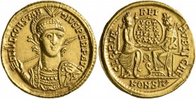 Constantius II, 337-361. Solidus (Gold, 20 mm, 4.42 g, 1 h), Arelate, November 360. FL IVL CONSTAN-TIVS PERP AVG Pearl-diademed, helmeted and cuirasse...