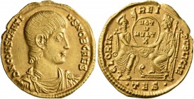 Constantius Gallus, Caesar, 351-354. Solidus (Gold, 22 mm, 4.41 g, 12 h), Thessalonica, late 353. D N CONSTANTI-VS NOB CAES Bare-headed, draped and cu...