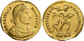Julian II, 360-363. Solidus (Gold, 22 mm, 4.44 g, 12 h), Constantinopolis, after 3 November-11 December 361. FL CL IVLIA-NVS P P AVG Pearl-diademed, d...