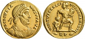 Julian II, 360-363. Solidus (Gold, 21 mm, 4.43 g, 6 h), Rome, 361-363. FL CL IVLIA-NVS P P AVG Pearl-diademed, draped and cuirassed bust of Julian II ...