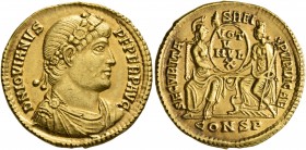 Jovian, 363-364. Solidus (Gold, 21 mm, 4.52 g, 1 h), Constantinopolis, 27 June 363-16 February 364. D N IOVIAN-VS P F PERP AVG Laurel-and-rosette-diad...