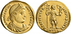 Valentinian I, 364-375. Solidus (Gold, 22 mm, 4.41 g, 12 h), Thessalonica, 364. D N VALENTINI-ANVS P F AVG Pearl-diademed, draped and cuirassed bust o...