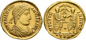 Valentinian I, 364-375. Solidus (Gold, 22 mm, 4.40 g, 6 h), Thessalonica, 364. D N VALENTINI-ANVS P F AVG Pearl-diademed, draped and cuirassed bust of...