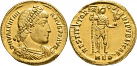 Valentinian I, 364-375. Solidus (Gold, 22 mm, 4.46 g, 6 h), Mediolanum, 364-365. D N VALENTINI-ANVS P F AVG Pearl-diademed, draped and cuirassed bust ...