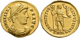 Valens, 364-378. Solidus (Gold, 22 mm, 4.58 g, 7 h), Nicomedia, 364. D N VALENS P F AVG Pearl-diademed, draped and cuirassed bust of Valens to right. ...