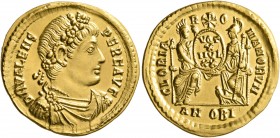 Valens, 364-378. Solidus (Gold, 21 mm, 4.49 g, 1 h), Antiochia, 372. D N VALENS P F AVG Laurel-and-rosette-diademed, draped and cuirassed bust of Vale...