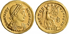 Valens, 364-378. Solidus (Gold, 22 mm, 4.49 g, 6 h), Antiochia, February-March 373. D N VALENS PER F AVG Pearl-diademed, draped and cuirassed bust of ...