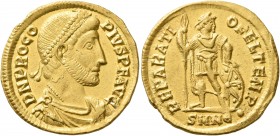 Procopius, usurper, 365-366. Solidus (Gold, 21 mm, 4.48 g, 6 h), Nicomedia, late 365-27 May 366. D N PROCO-PIVS AVG Pearl-diademed, draped and cuirass...