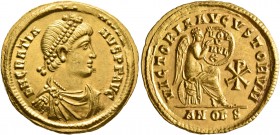 Gratian, 367-383. Solidus (Gold, 22 mm, 4.45 g, 11 h), Antiochia, February-March 373. D N GRATIA-NVS P FAVG Pearl-diademed, draped and cuirassed bust ...
