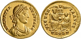 Gratian, 367-383. Solidus (Gold, 21 mm, 4.48 g, 12 h), Treveri, 376-mid 377. D N GRATIA-NVS P F AVG Pearl-diademed, draped and cuirassed bust of Grati...
