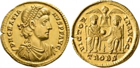 Gratian, 367-383. Solidus (Gold, 21 mm, 4.44 g, 7 h), Treveri, 376-mid 377. D N GRATIA-NVS P F AVG Pearl-diademed, draped and cuirassed bust of Gratia...