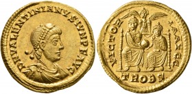 Valentinian II, 375-392. Solidus (Gold, 20 mm, 4.49 g, 11 h), Treveri, 377-380. D N VALENTINIANVS IVN P F AVG Pearl-diademed, draped and cuirassed bus...