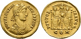 Valentinian II, 375-392. Solidus (Gold, 20 mm, 4.48 g, 6 h), uncertain mint in Northern Italy, 383. D N VALENTINI-ANVS P F AVG Pearl-diademed, draped ...