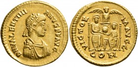 Valentinian II, 375-392. Solidus (Gold, 21 mm, 4.52 g, 6 h), uncertain mint in Northern Italy, 383. D N VALENTINI-ANVS P F AVG Pearl-diademed, draped ...