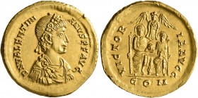 Valentinian II, 375-392. Solidus (Gold, 21 mm, 4.43 g, 11 h), uncertain mint in Northern Italy, 385. D N VALENTINI-ANVS P F AVG Laurel-and-rosette-dia...