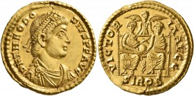 Theodosius I, 379-395. Solidus (Gold, 22 mm, 4.47 g, 6 h), Sirmium, 379-380. D N THEODO-SIVS P F AVG Pearl-diademed, draped and cuirassed bust of Theo...