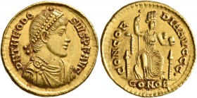 Theodosius I, 379-395. Solidus (Gold, 21 mm, 4.46 g, 6 h), Constantinopolis, 380. D N THEODO-SIVS P F AVG Pearl-diademed, draped and cuirassed bust of...