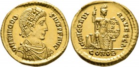 Theodosius I, 379-395. Solidus (Gold, 20 mm, 4.46 g, 1 h), Constantinopolis, January 388. D N THEODO-SIVS P F AVG Laurel-and-rosette-diademed, draped ...