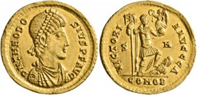 Theodosius I, 379-395. Solidus (Gold, 21 mm, 4.46 g, 12 h), uncertain military mint, 393-395. D N THEODO-SIVS P F AVG Pearl-diademed, draped and cuira...