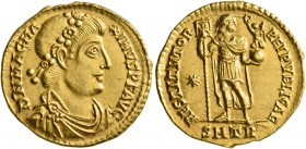 Magnus Maximus, 383-388. Solidus (Gold, 21 mm, 4.44 g, 7 h), Treveri, 383-384. D N MAG MAXIMVS P F AVG Laurel-and-rosette-diademed, draped and cuirass...