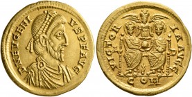 Eugenius, 392-394. Solidus (Gold, 21 mm, 4.46 g, 7 h), Lugdunum, 22 August 392-September 394. D N EVGENI-VS P F AVG Pearl-diademed, draped and cuirass...