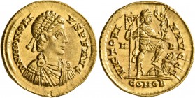 Honorius, 393-423. Solidus (Gold, 21 mm, 4.46 g, 6 h), Mediolanum, 395-402. D N HONORI-VS P F AVG Pearl-diademed, draped and cuirassed bust of Honoriu...