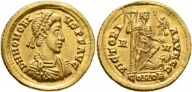Honorius, 393-423. Solidus (Gold, 21 mm, 4.46 g, 7 h), Rome, 395-402. D N HONORI-VS P F AVG Pearl-diademed, draped and cuirassed bust of Honorius to r...