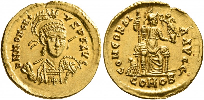 Honorius, 393-423. Solidus (Gold, 21 mm, 4.46 g, 11 h), Thessalonica, 395-402. D...