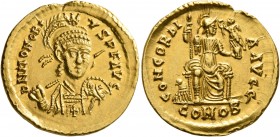 Honorius, 393-423. Solidus (Gold, 21 mm, 4.46 g, 11 h), Thessalonica, 395-402. D N HONORI-VS P F AVG Pearl-diademed, helmeted and cuirassed bust of Ho...