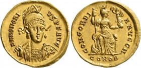 Honorius, 393-423. Solidus (Gold, 20 mm, 4.46 g, 6 h), Constantinopolis, 395-402. D N HONORI-VS P F AVG Pearl-diademed, helmeted and cuirassed bust of...