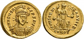 Honorius, 393-423. Solidus (Gold, 21 mm, 4.44 g, 6 h), Constantinopolis, 408-420. D N HONORI-VS P F AVG Pearl-diademed, helmeted and cuirassed bust of...