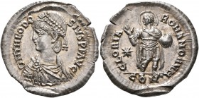 Theodosius II, 402-450. Light Miliarense (Silver, 24 mm, 4.28 g, 1 h), Constantinopolis, 408-420. D N THEODO-SIVS P P AVG Pearl-diademed, draped and c...