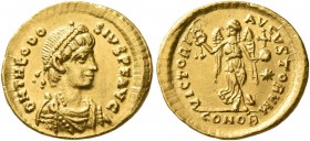 Theodosius II, 402-450. Tremissis (Gold, 15 mm, 1.45 g, 6 h), Constantinopolis, circa 430-440. D N THEODO-SIVS P F AVG Pearl-diademed, draped and cuir...