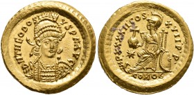 Theodosius II, 402-450. Solidus (Gold, 21 mm, 4.52 g, 7 h), Constantinopolis, 443-450. D N THEODOSIVS P F AVG Pearl-diademed, helmeted and cuirassed b...